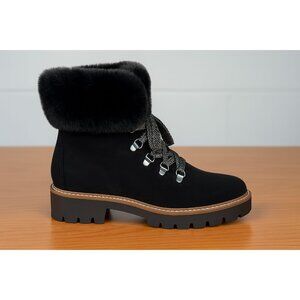 White Mountain Black Faux Fur Lace-Up Winter Boots W/ Lug Sole For Women Size 8